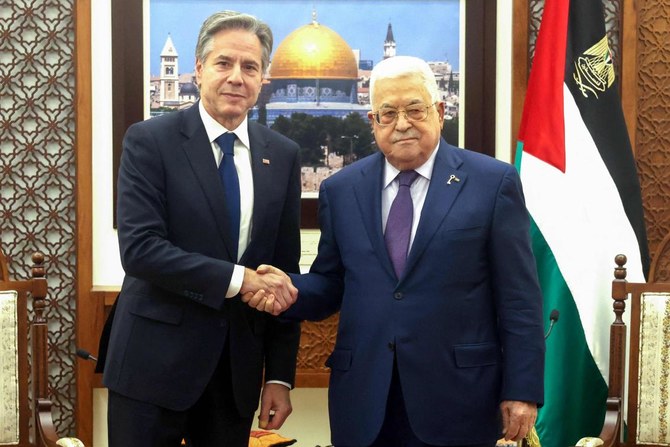 This handout picture provided by the Palestinian Authority’s press office (PPO) shows Palestinian president Mahmud Abbas (R) meeting with US Secretary of State Antony Blinken in the West Bank city of Ramallah on November, 5, 2023, amid ongoing battles between Israel and the militant group Hamas. (AFP)