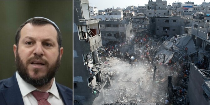Israeli Heritage Minister Amichai Eliyahu and a photo of Palestinians looking for survivors of the Israeli bombardment in the Maghazi refugee camp in the Gaza Nov. 5, 2023. (Photo credit: X/Mario Nawfal and AP)