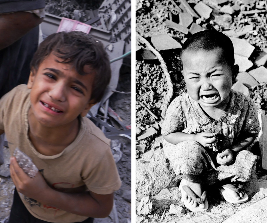 The Gaza Strip (L) and Hiroshima (R) both dealt with devastating destruction. (File/AFP)