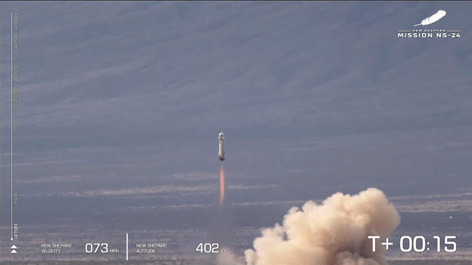 The NS24 rocket blasts off from the Blue Origin base near Van Horn, Texas on Dec. 19, 2023. (Blue Origin/AFP)
