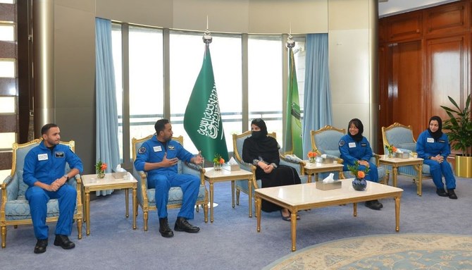 Saudis Ali Al-Qarni and Rayyanah Barnawi, who visited the ISS in May, along with Mariam Fardous and Ali Al-Ghamdi, met at the King Faisal Center with university officials and students. (AN Photo)
