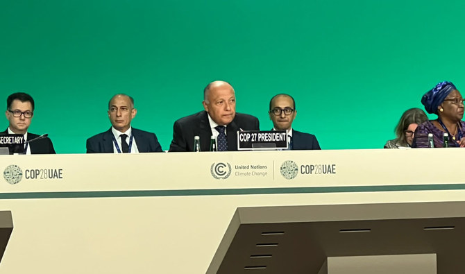 Egyptian Foreign Minister Sameh Shoukry delivered a speech as COP27 president as he handed over Egypt’s conference presidency to the UAE. (X/@MfaEgypt)