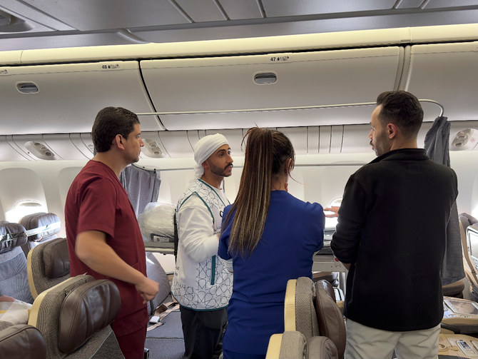 Etihad Airways flight turned into “flying hospital” for Gazan patients airlifted from Egypt’s Al-Arish to Abu Dhabi for further treatment. (AN Photo: Mohammed Fawzy)
