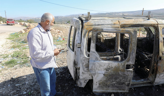 A Palestinian checks a car burned in the settlers’ raid in the West Bank. (Reuters)