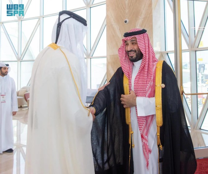 Saudi Arabia’s Crown Prince Mohammed bin Salman meets Qatar’s Emir of Qatar Sheikh Tamim bin Hamad. (SPA)