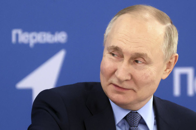 Russian President Vladimir Putin speaks at an exhibition at the Mashuk educational centre in Pyatigorsk, Stavropol region, Russia, Tuesday, Dec. 5, 2023. (AP)