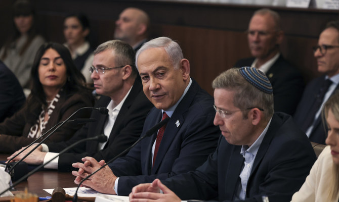 Israeli Prime Minister Benjamin Netanyahu attends the weekly cabinet meeting at the Prime Minister's office in Jerusalem, Sunday, Dec. 10, 2023. (AP)