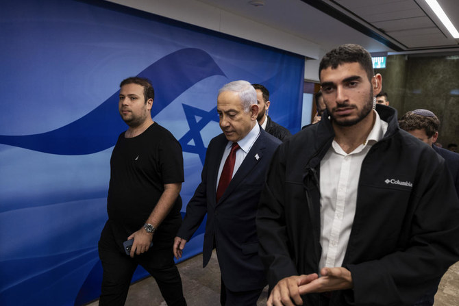 Israeli Prime Minister Benjamin Netanyahu attends the weekly cabinet meeting at the Prime Minister’s office in Jerusalem, Sunday, Dec. 10, 2023. (AP Photo)