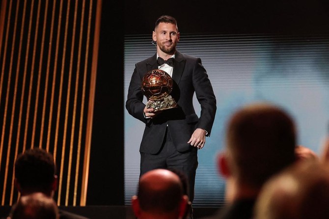 Inter Miami CF’s Argentine forward Lionel Messi holds his trophy on stage as he receives his 8th Ballon d’Or award during the 2023 Ballon d’Or France Football award ceremony at the Theatre du Chatelet in Paris on Oct. 30, 2023. (AFP)