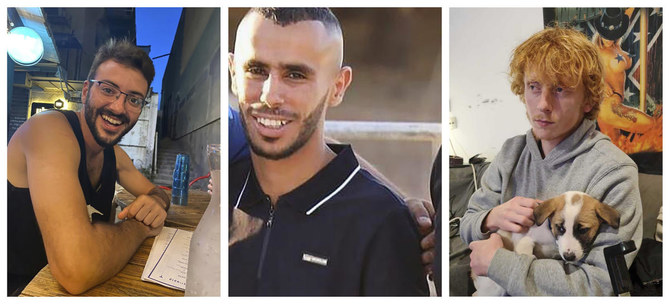 This combination image of three undated photos provided by courtesy of the Shamriz, Al-Talalka and Haim families shows Alon Shamriz, from left, Samer Al-Talalka and Yotam Haim. (AP)