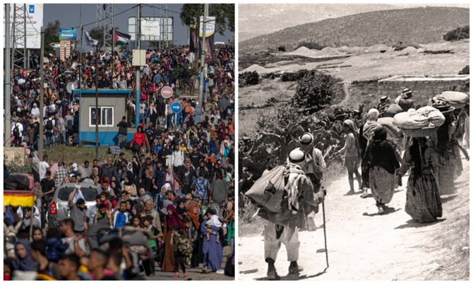 Palestinians fled to southern Gaza via Salah Al-Din Street, left, on Nov. 10 under Israeli orders, in scenes reminiscent of the mass displacement witnessed, right, during the 1948 Arab-Israeli war. (AP/Alamy stock/File Photos)