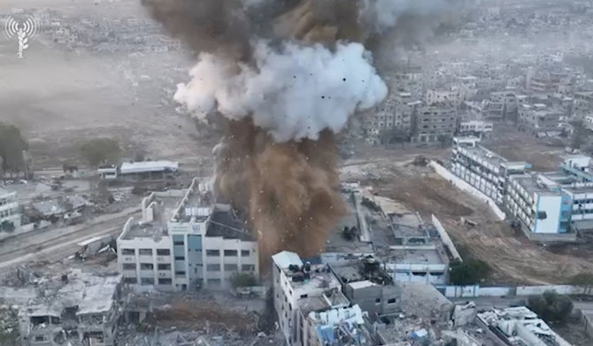 An explosion takes place in what Israel military said was a tunnel at AI Shifa Hospital complex before a temporary truce between Israel and Hamas came into effect, in Gaza, in this still image obtained from a handout video obtained by Reuters on November 24, 2023. (REUTERS)