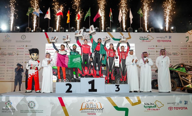 The Saudi Automobile and Motorcycle Federation’s CEO Sattam Al-Hozami crowned the winners of the various categories of Rally Jeddah Toyota 2023, which concluded on Saturday. (Supplied)