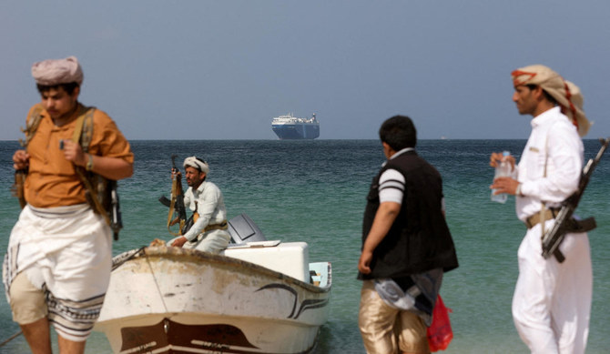 Above, the Galaxy Leader commercial ship, seized by the Houthis last month, is anchored off the coast of Al-Salif, Yemen on Dec. 5, 2023. (Reuters)