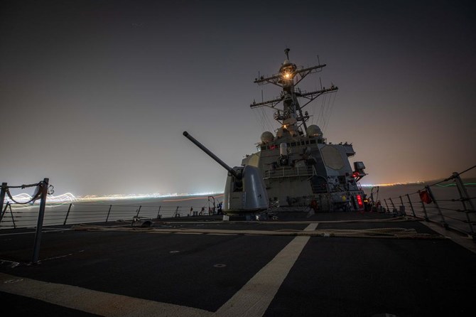The Arleigh Burke-class guided-missile destroyer USS Carney on Dec. 16, 2023, shot down more than a dozen drones in the Red Sea launched from Houthi-controlled areas of Yemen. (AFP)
