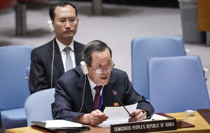 North Korean Ambassador to the United Nations Kim Song addresses a Security Council meeting on Non-proliferation/North Korea, Thursday, July 13, 2023, at United Nations headquarters. (AP)