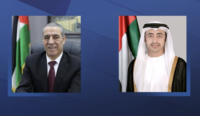 The foreign minister of the UAE met the secretary-general of the Executive Committee of the Palestine Liberation Organization in Abu Dhabi on Thursday. (WAM)