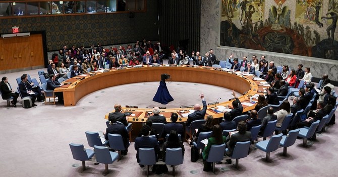 Members of the United Nations Security Council vote on a proposal to demand that Israel and Hamas allow aid access to the Gaza Strip — via land, sea and air routes — and set up UN monitoring of the humanitarian assistance delivered, during a meeting at the UN headquarters in New York, on Dec. 22, 2023. (Reuters)