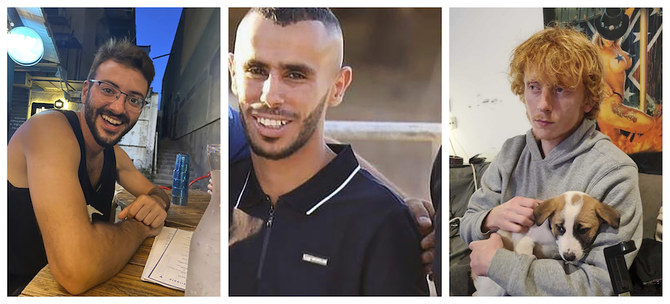 Three hostages who were abducted from Israeli communities near the Gaza border, from left, Alon Shamriz, Samer Al-Talalka and Yotam Haim. Israeli troops mistakenly shot the three hostages to death. (AFP)
