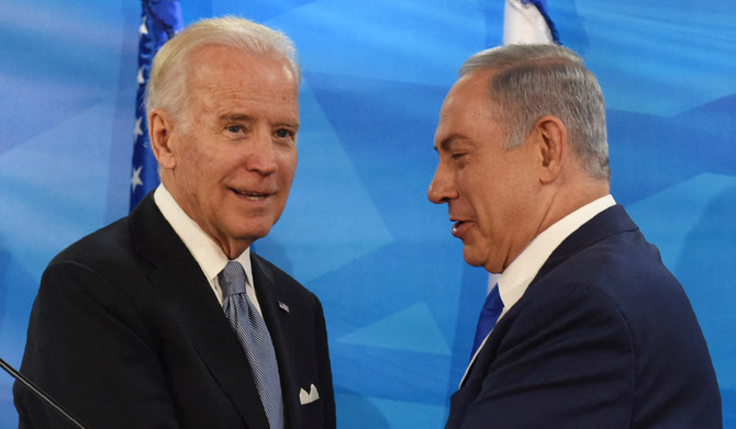 US President Joe Biden and Israeli Prime Minister Benjamin Netanyahu shake hands after giving joint statements in the prime minister's office in Jerusalem. (AFP file photo)