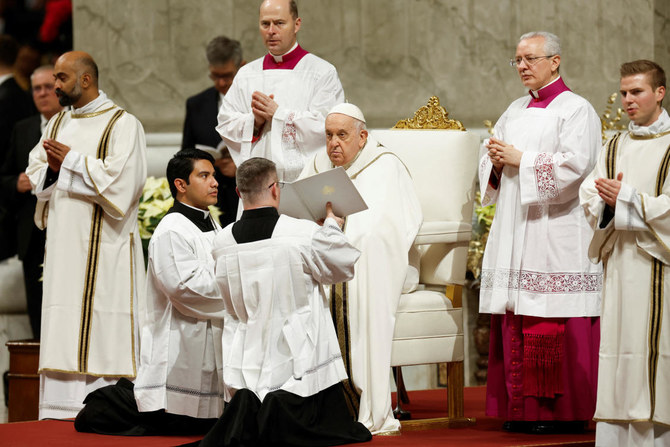 Pope Francis celebrates Christmas Eve mass in St. Peter's Basilica at the Vatican, December 24, 2023. (Reuters)