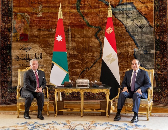 Jordan’s King Abdullah II and Egyptian President Abdel Fattah El-Sisi hold a meeting in Cairo. (Twitter/@RHCJO)