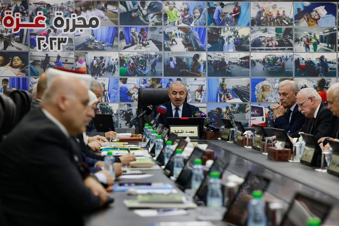 Palestinian prime minister Mohammad Shtayyeh speaks during a cabinet meeting in the West Bank city of Ramallah (AFP)