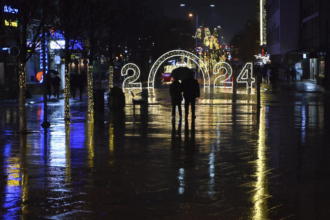 Night view in downtown Pristina, Kosovo, ahead of the 2024 New Year celebrations. (AFP)