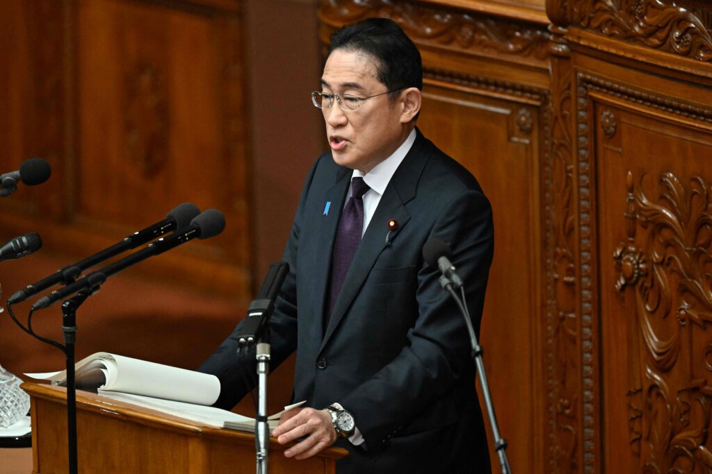 Japan’s Prime Minister KISHIDA Fumio delivers a policy speech during a plenary session of the lower house in Tokyo on January 30, 2024. (Photo by Kazuhiro NOGI / AFP)