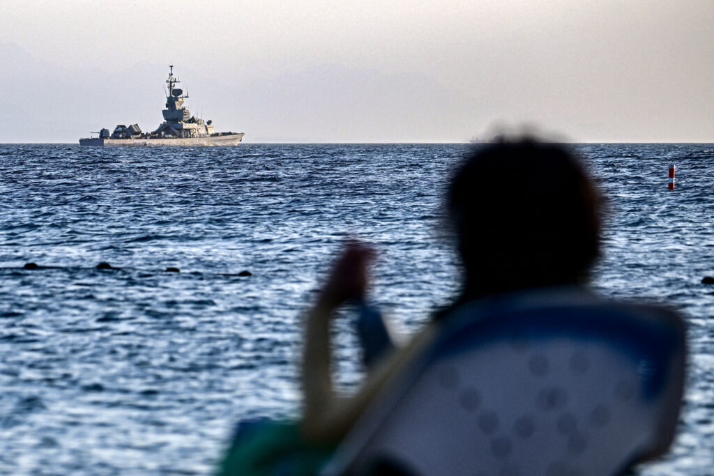 An Israeli navy missile boat patrols in the Red Sea off the coast of Israel's southern port city of Eliat on December 26, 2023. (AFP)