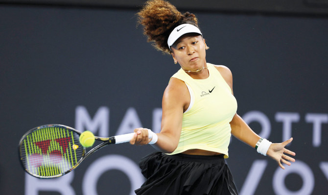 Naomi Osaka of Japan plays a shot in her match against Tamara Korpatsch of Germany during the Brisbane International tennis tournament on Monday. (AP)