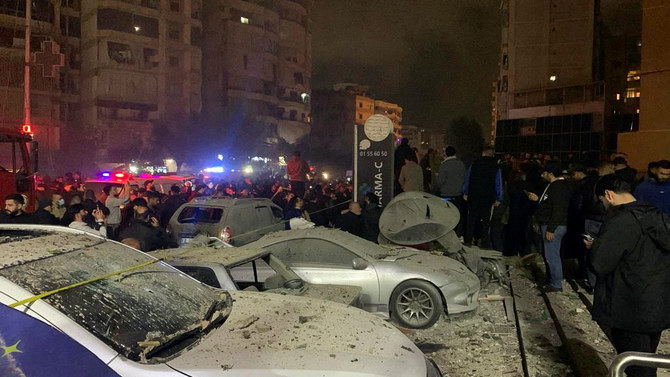 People gather near a damaged site following an explosion at the Beirut suburb of Dahiyeh, Lebanon January 2, 2024. (Reuters)