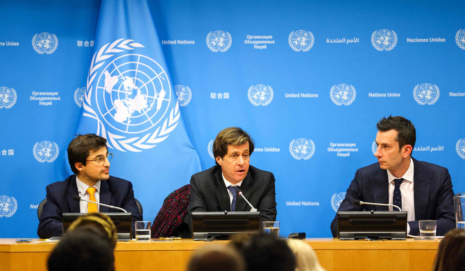 French ambassador to the United Nations and Security Council president for the month of January Nicolas de Riviere (C) holds a press conference at UN headquarters in New York on January 2, 2024. (AFP)