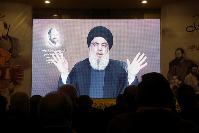Lebanon's Hezbollah leader Sayyed Hassan Nasrallah gives a televised address in Baalbek, Lebanon, on January 5, 2024. (REUTERS)