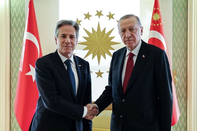 Turkiye’s President Erdogan (R) shaking hands with US Secretary of State Antony Blinken (L) prior to their meeting at the Vahdettin private residence of the presidency in Istanbul. (AFP/Turkish Presidency Press Office)