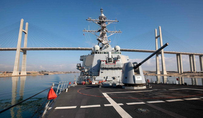 In this image obtained fro the US Department of Defense, the Arleigh Burke-class guided-missile destroyer USS Laboon transits the Suez Canal on December 18, 2023. (AFP)