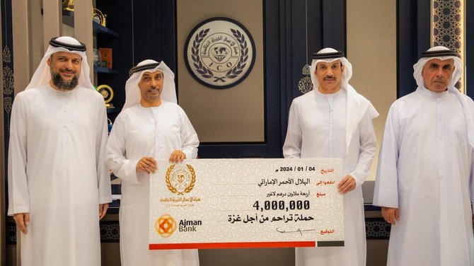 UAE’s International Charity Organisation donates 4 million dirhams to Emirates Red Crescent’s “Tarahum — for Gaza” campaign. (WAM)