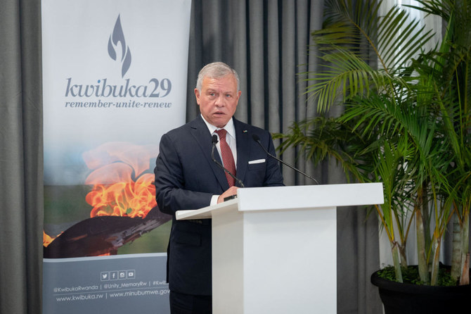 Jordan's King Abdullah II speaks during his visit to the Kigali Genocide Memorial in Kigali, Rwanda, in this handout picture released on January 8, 2024. (Reuters)