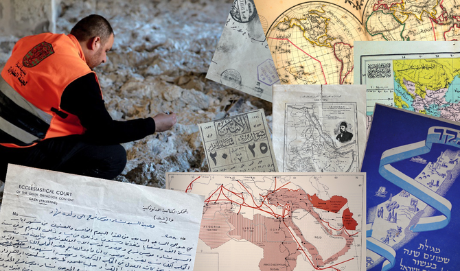 A Palestinian civil defense worker checks documents reduced to ashes, inside the archives department of the Gaza municipality building in Gaza City. (Photos on page: Supplied by Zachary Foster & AFP)