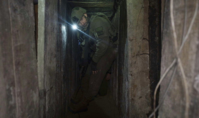 Israeli soldiers show journalists an underground tunnel where the Israeli military said it had found evidence hostages were held by militants in Khan Younis, Gaza Strip, on Wednesday, Jan. 10. 2024. (AP)