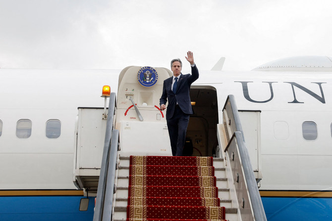 US Secretary of State Antony Blinken speaks to the media before boarding his plane in Cairo, Egypt, January 11, 2024, at the end of his week-long trip aimed at calming tensions across the Middle East. (Pool via Reuters)