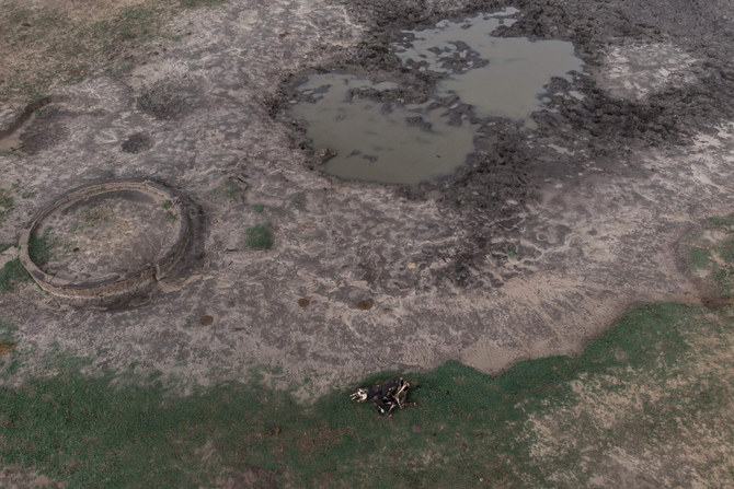 This aerial view shows a juvenile elephant carcass which died due to drought at a depleted watering hole in Hwange National Park in Hwange, northern Zimbabwe on December 16, 2023. (AFP)