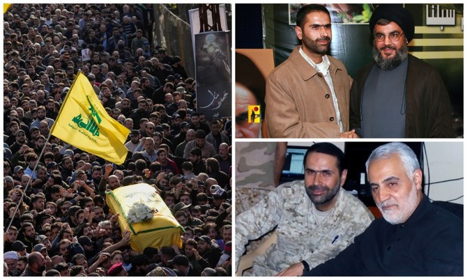 Senior Hezbollah commander Wissam Tawil, top right with leader Sayed Hassan Nasrallah and bottom right with slain Iran's Quds force General Qassem Soleimani, was killed in Kherbet Selem village, south Lebanon, on Monday, Jan. 8, 2024. (AP)