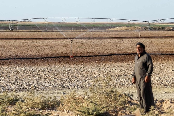 Omar Abdel-Fattah, a 50-year-old retired farmer, walks past his plantation which was rented to another farmer in the village of Jaabar al-Saghir in the area surrounding Tabqa in Raqa province in northern Syria on July 11, 2023. Agriculture was once a pillar of northeast Syria's economy. (AFP)