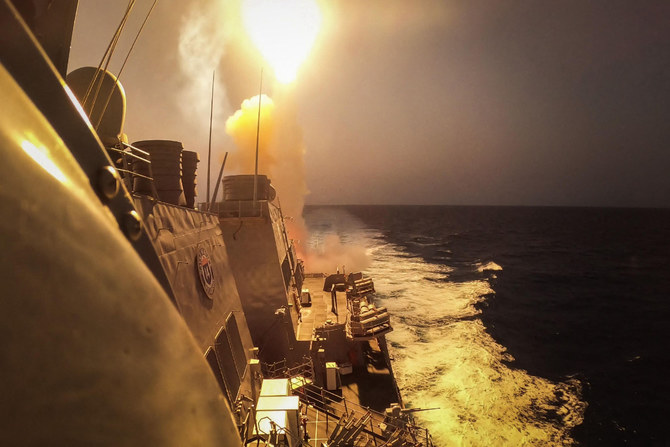 This picture taken on October 19, 2023 shows the US Navy's guided-missile destroyer USS Carney (DDG 64) defeating a combination of Houthi missiles and unmanned aerial vehicles in the Red Sea. (Handout via Reuters/File)