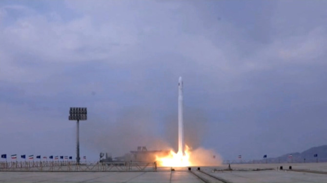 A File photo of an image grab from a video released by the state-run Iran Press news agency on September 27, 2023, shows the launching of the military imaging satellite, Nour-3, at an undisclosed location