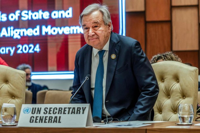 Secretary General of the United Nations Antonio Guterres attends the closing session of the 19th Summit of Heads of State and Government of the Non-Aligned Movement (NAM) in Kampala on Jan. 20, 2024. (AFP)
