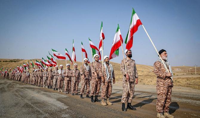 Iranian soldiers participating in a military exercise in the northwest region of Aras. (File/AFP)
