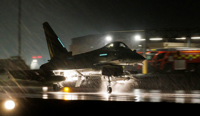 A Royal Air Force Typhoon FGR4 takes off to carry out air strikes against Houthi military targets in Yemen, from RAF Akrotiri, Cyprus, Monday, Jan. 22, 2024. (AP)