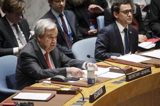 United Nations Secretary-General Antonio Guterres speaks during a Security Council meeting at United Nations headquarters, Tuesday, Jan. 23, 2024. (AP)